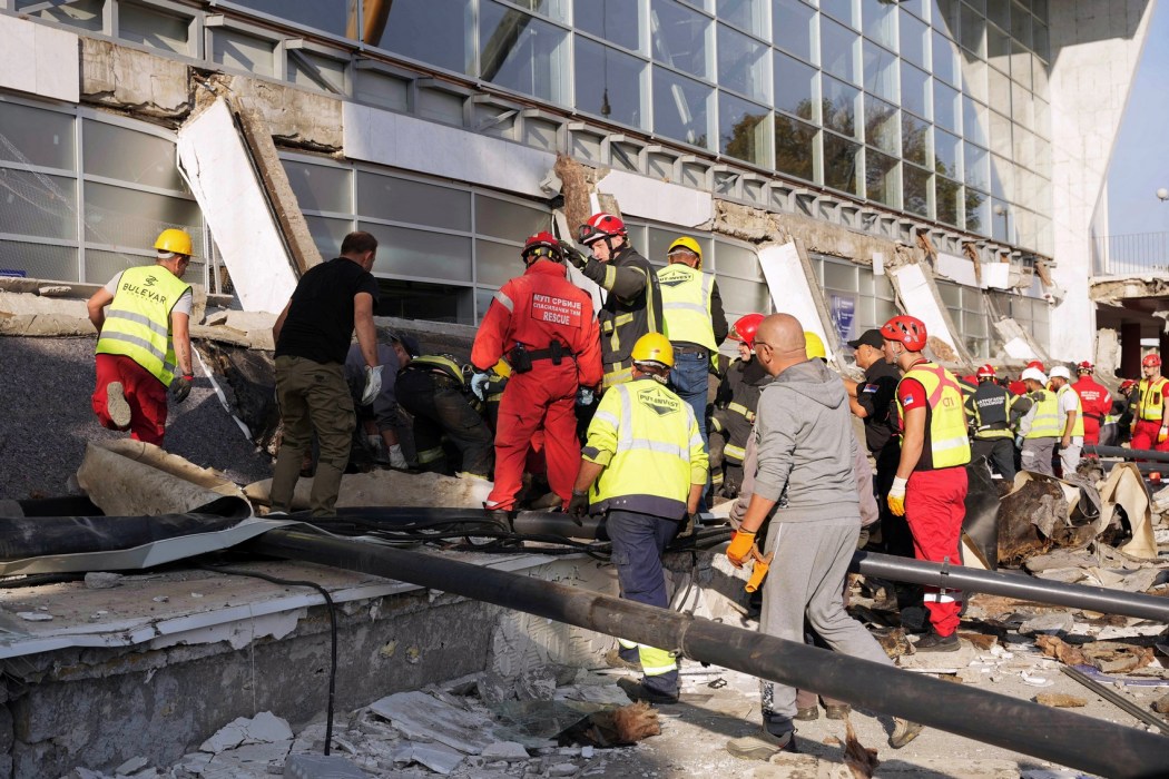 Emergency and rescue teams work on November 1, 2024, at the site where a concrete outdoor roof of a train station collapsed in the northern Serbian city of Novi Sad. Photo: Ministry of Interior Affairs of Serbia/AFP. 