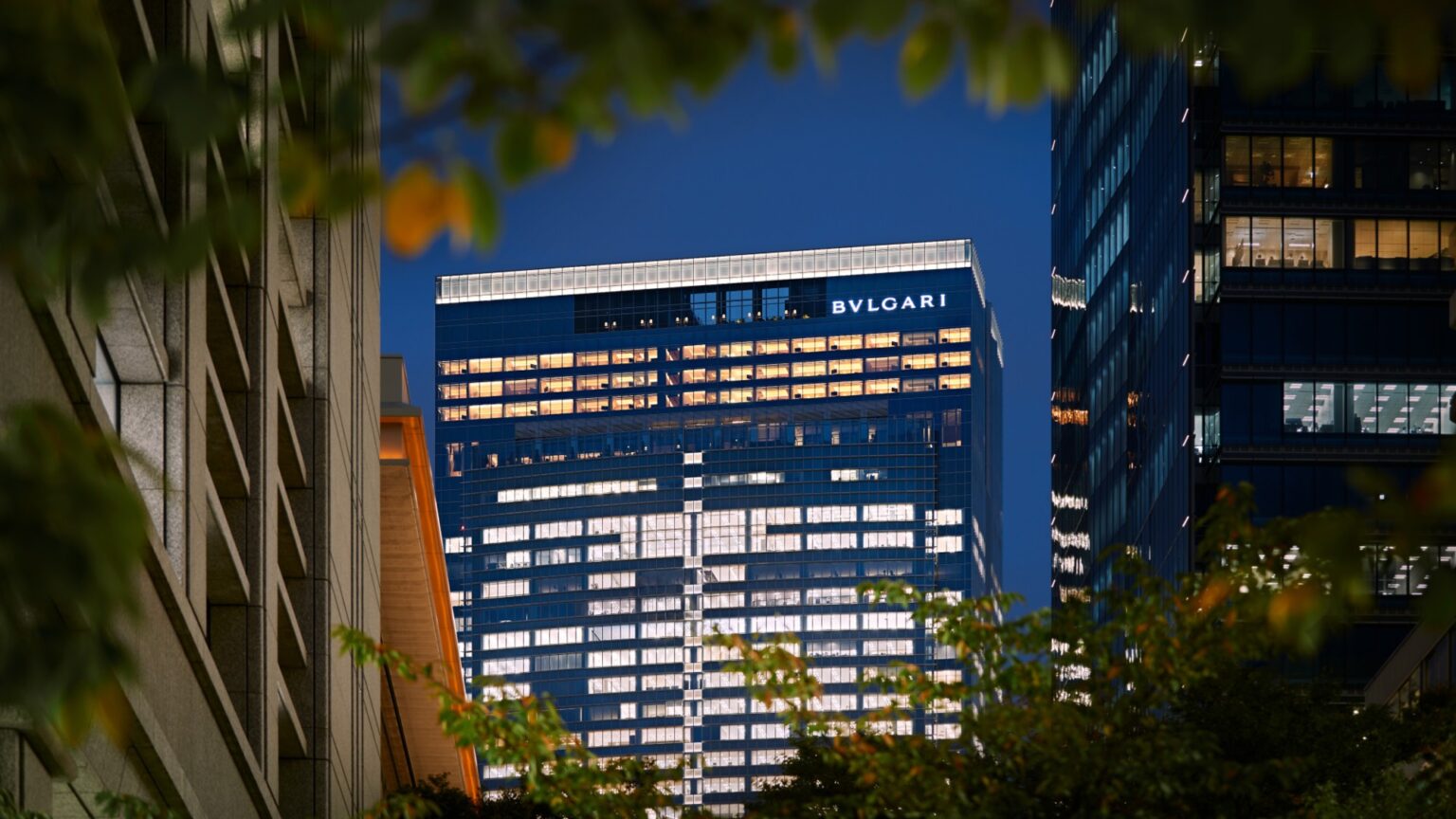 The Bulgari Hotel facade at night