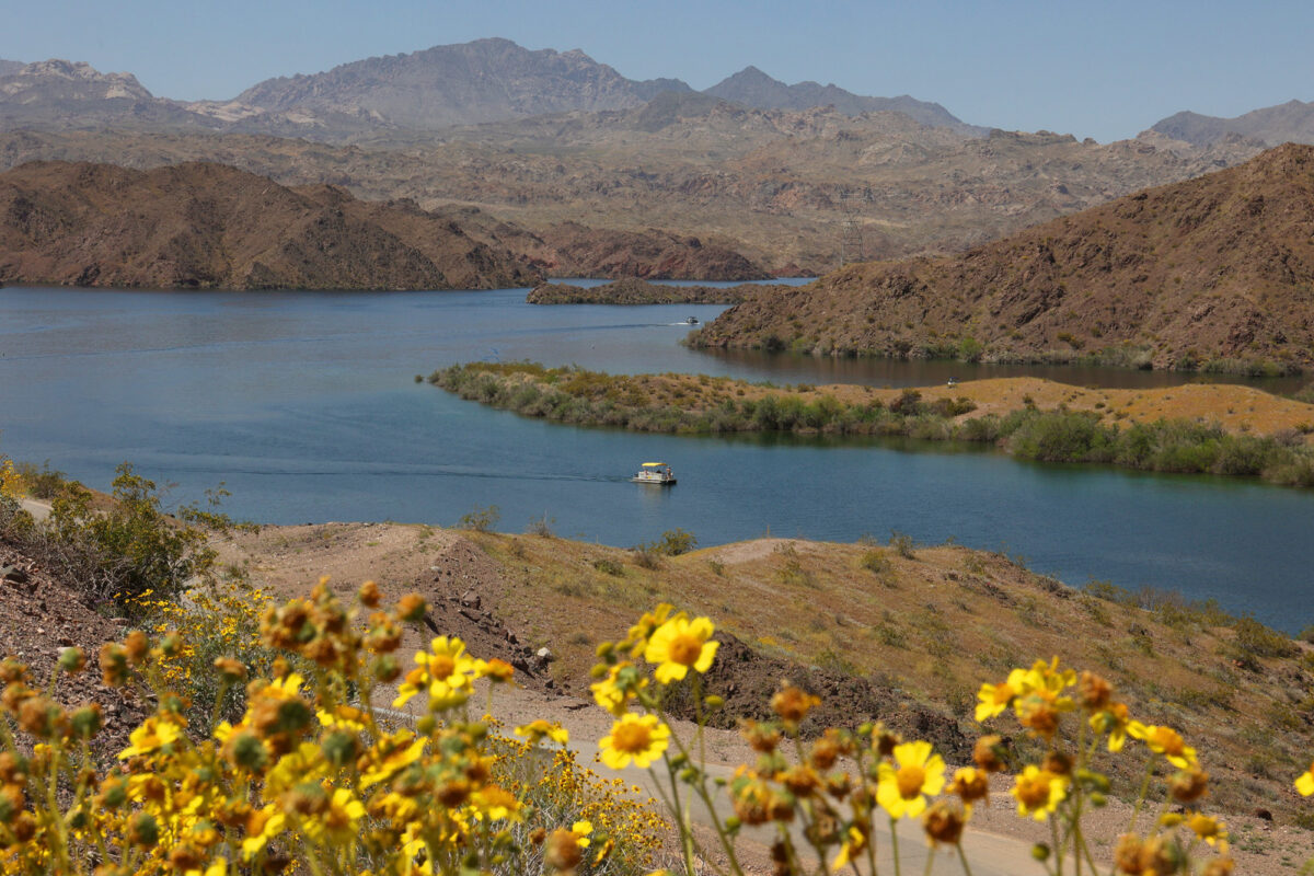People recreate on Colorado River-fed Lake Mojave near Katherine Landing, just north of Laughlin, on April 15, 2023. 