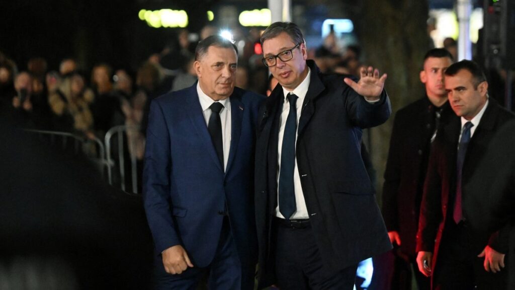 Bosnian Serb leader Milorad Dodik (L) greets Serbia's President, Aleksandar Vučić upon his arrival in Banja Luka, northern Bosnia and Herzegovina, on February 26, 2025, following Milorad Dodik's one year prison sentence.