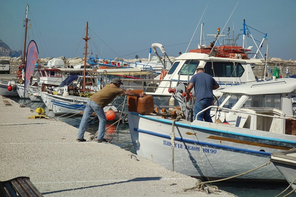 Fishermen in Ormos Aigialis, Amorgos, Greece