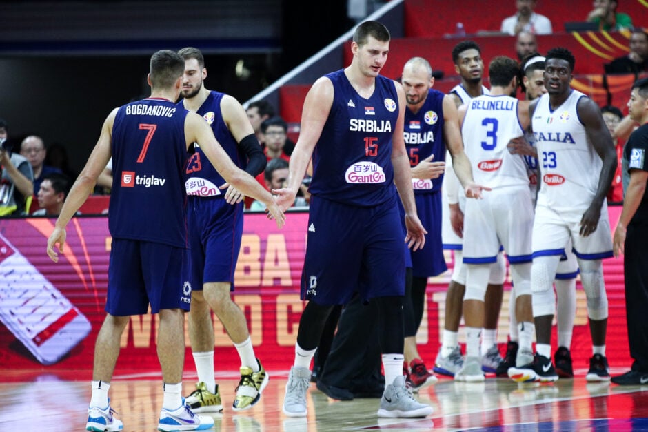 #15 Nikola Jokic, #7 Bogdan Bogdanovic and team mates of the Serbia National Team celebrate during the match against the Italy National Team during the 1st round of 2019 FIBA World Cup at GBA International Sports and Cultural Center on September 4, 2019 in Foshan, China.