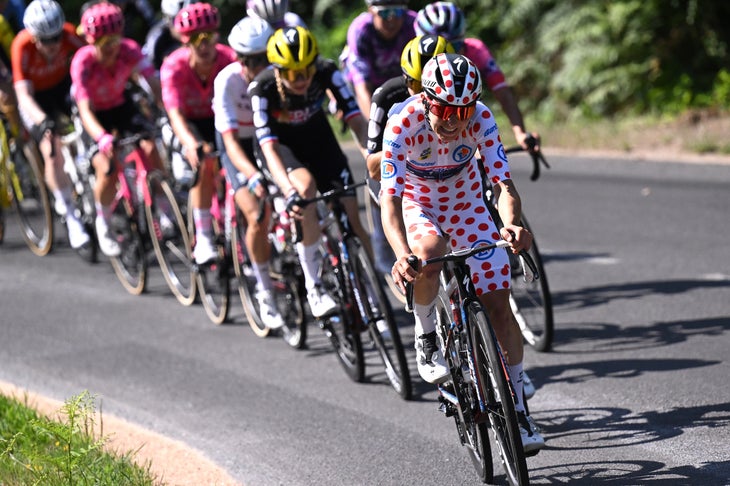 AMBERT, FRANCE - JULY 31: Elise Chabbey of Switzerland and Team FDJ - SUEZ - Polka Dot Mountain Jersey competes during the 4th Tour de France Femmes 2025, Stage 6 /a 123.7km stage from Clermont-Ferrand to Ambert #UCIWWT / on July 31, 2025 in Ambert, France. (Photo by Szymon Gruchalski/Getty Images)