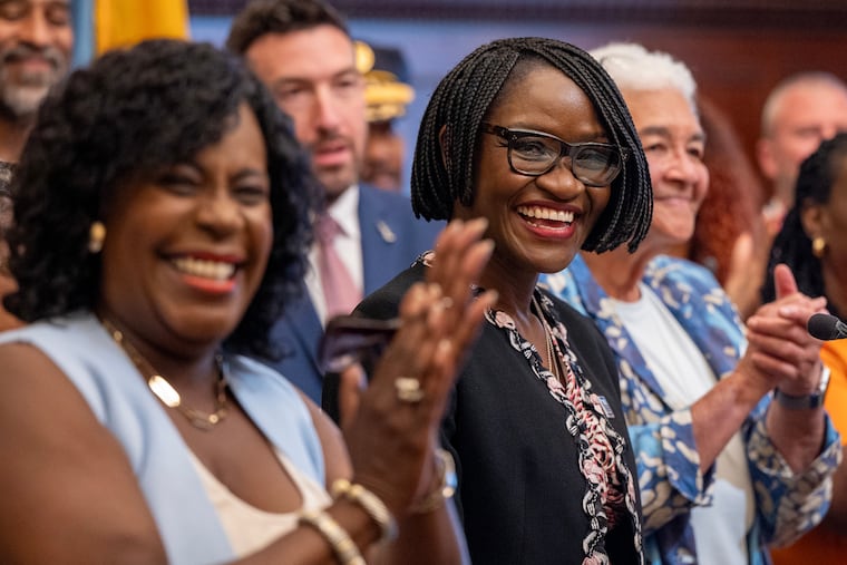 Mayor Cherelle L. Parker names Kehinde “Kenny” Solanke (right) as commissioner of the Department of Behavioral Health and Intellectual disAbility Services, or DBHIDS, during an announcement at City Hall in July. Solanke assumes her new role on Sept. 2.