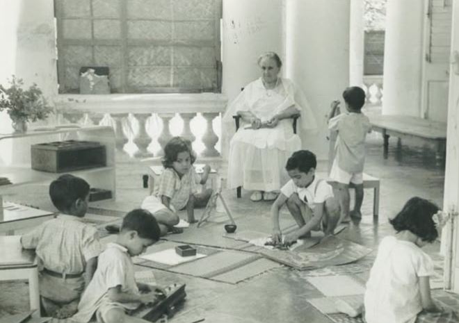 Maria Montessori teaching at the Theosophical Society’s headquarters in Adyar, India. From Facebook.  