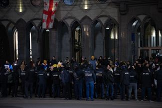 Demonstrators gather in front of the parliament on the 74th consecutive day of protests in Tbilisi. February 9, 2025.
