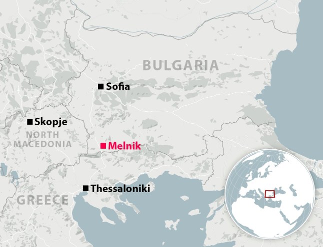 A map showing Melnik in Bulgaria in relation to Sofia, Thessaloniki and Skopje