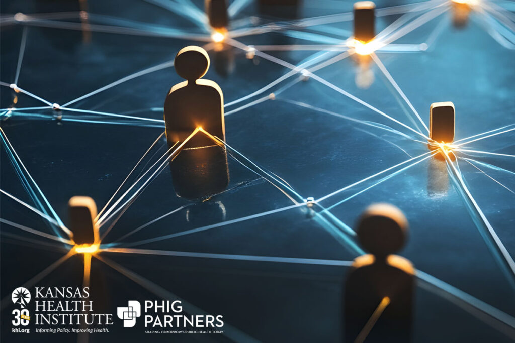 Abstract depiction of connected people using wooden figures and illuminated threads, representing community, communication, and public health partnerships.