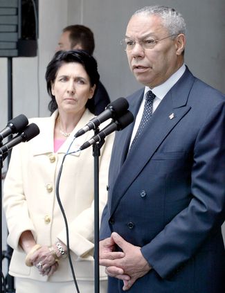 Salome Zourabichvili, then Georgia’s foreign minister, and U.S. Secretary of State Colin Powell after a meeting at the State Department in Washington. June 1, 2004.