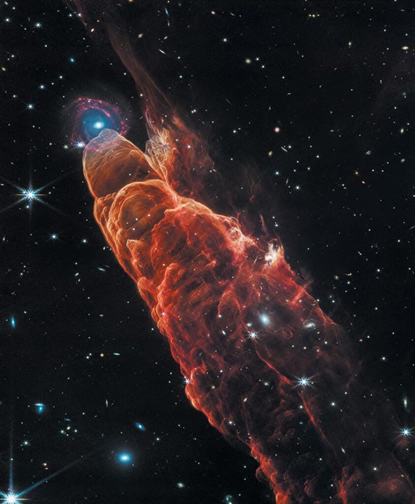 Cosmic tornado from star’s birth whirls in dazzling JWST image