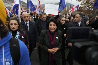 Georgian President Salome Zourabichvili takes part in a pro-E.U. march in Tbilisi. December 9, 2023.