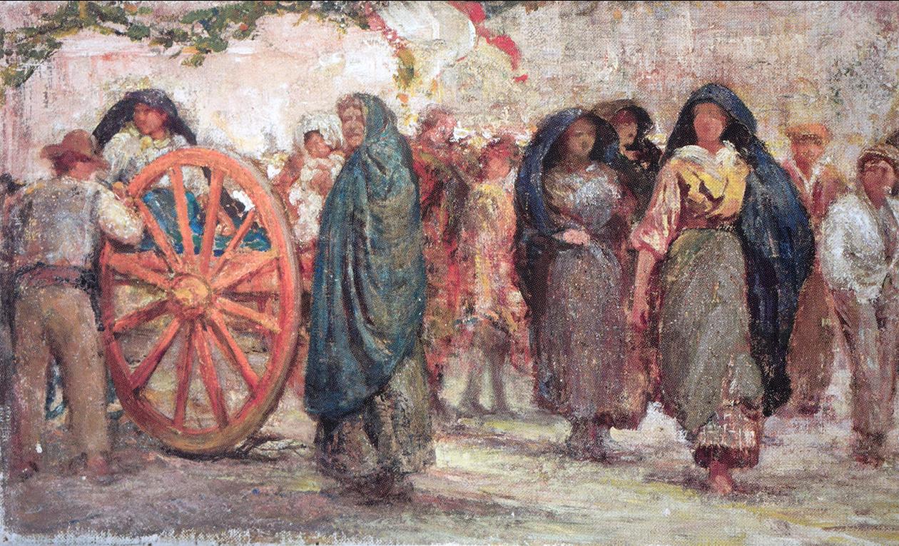 Market scene, interwar painting by Gianni Vella