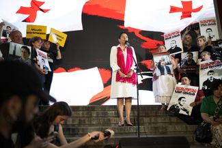 Salome Zourabichvili gives a speech to a large crowd during a protest in Tbilisi on Georgia’s Independence Day. May 26, 2025.
