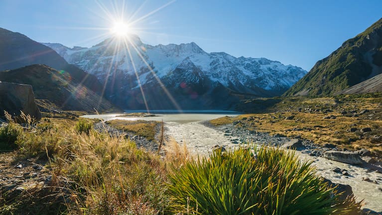 Aoraki / Mount Cook along the Hooker Valley Track on a sunny day in the South Island.