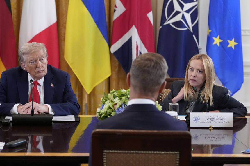 Italian Prime Minister Giorgia Meloni speaks as President Donald Trump listens during a meeting with Ukrainian President Volodymyr Zelenskyy and European leaders on Monday in Washington, DC.