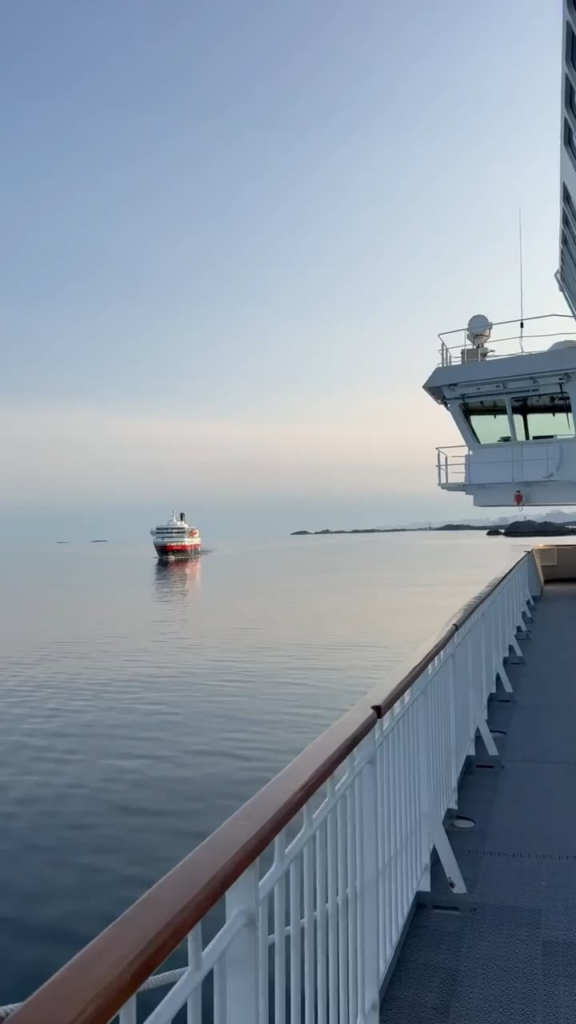 MS Nordkapp Passing MS Northern Norway in Svolvær