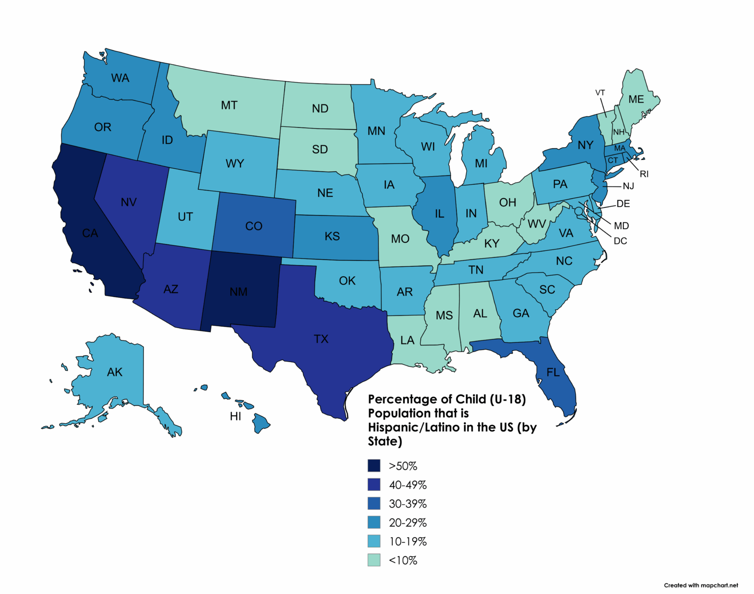 Percentage of Child Population (Under-18) that is Hispanic/Latino by State [OC]