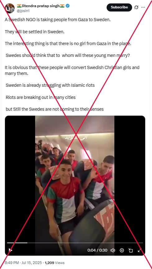 <span>Screenshot of the false X post taken July 18, 2025, with a red X added by AFP</span>
