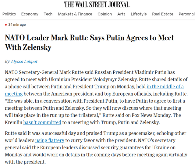 NATO Leader Mark Rutte Says Putin Agrees to Meet With Zelensky