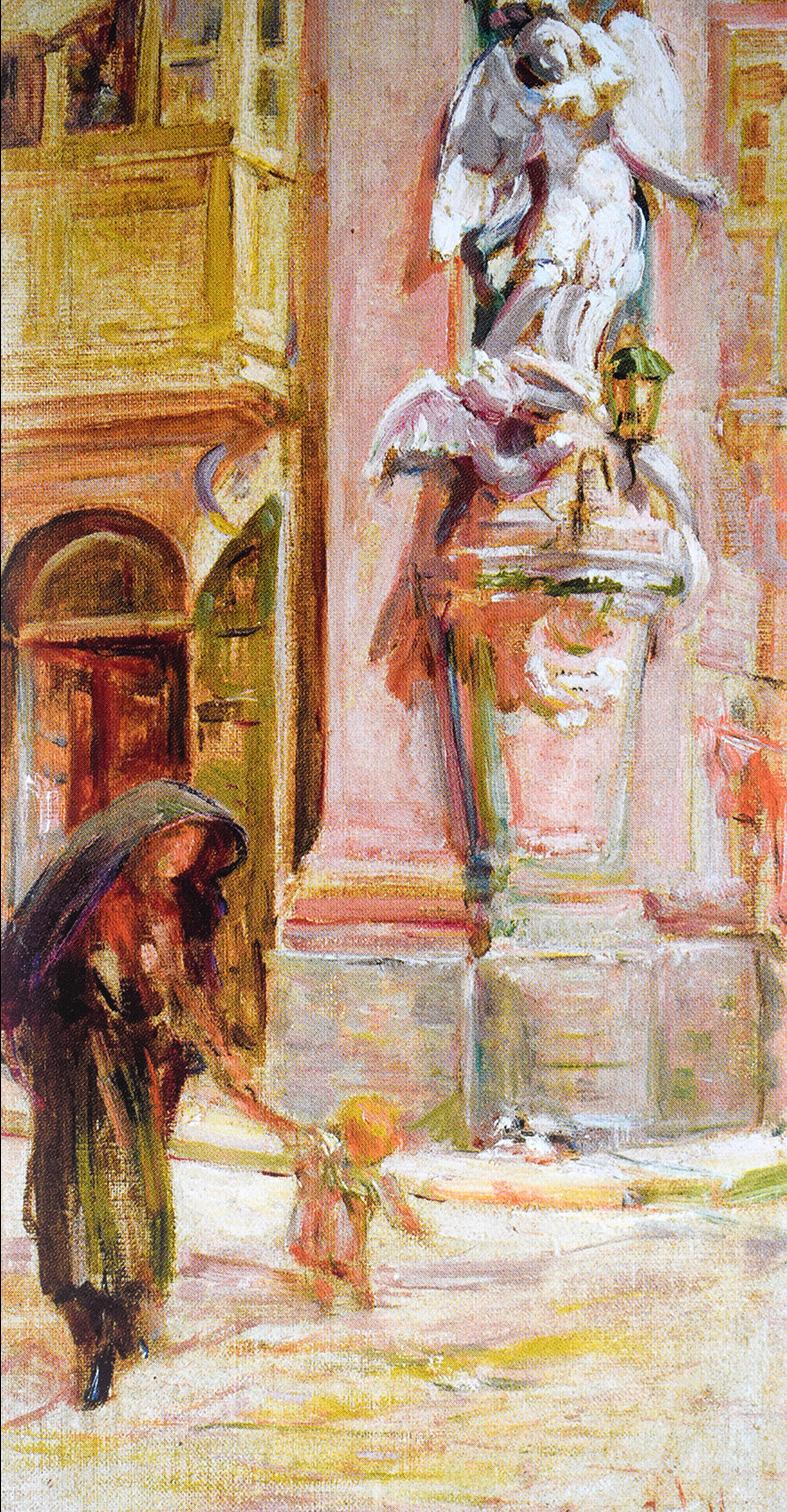 A Valletta street corner with woman in 'għonnella', by Gianni Vella