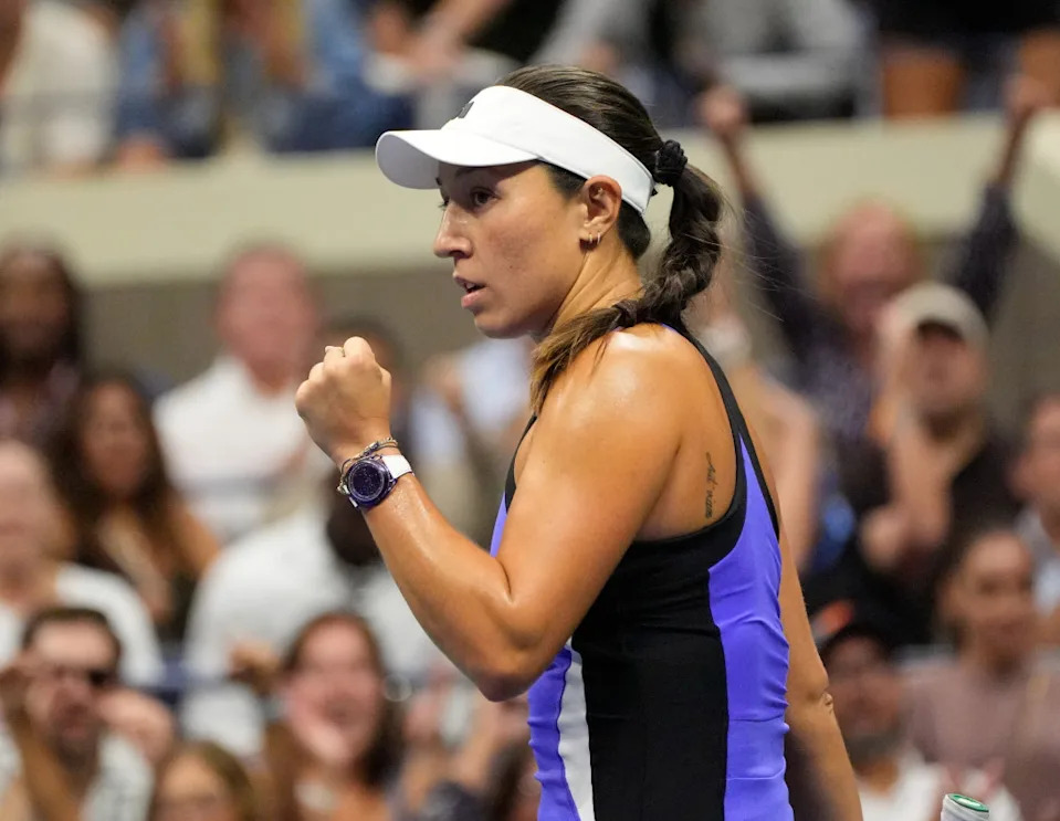 Sept 7, 2024; Flushing, NY, USA; Jessica Pegula (USA) reacts after winning a game in the 2nd set against Aryna Sabalenka in the women's singles final on day thirteen of the 2024 U.S. Open tennis tournament at USTA Billie Jean King National Tennis Center.Robert Deutsch-Imagn Images