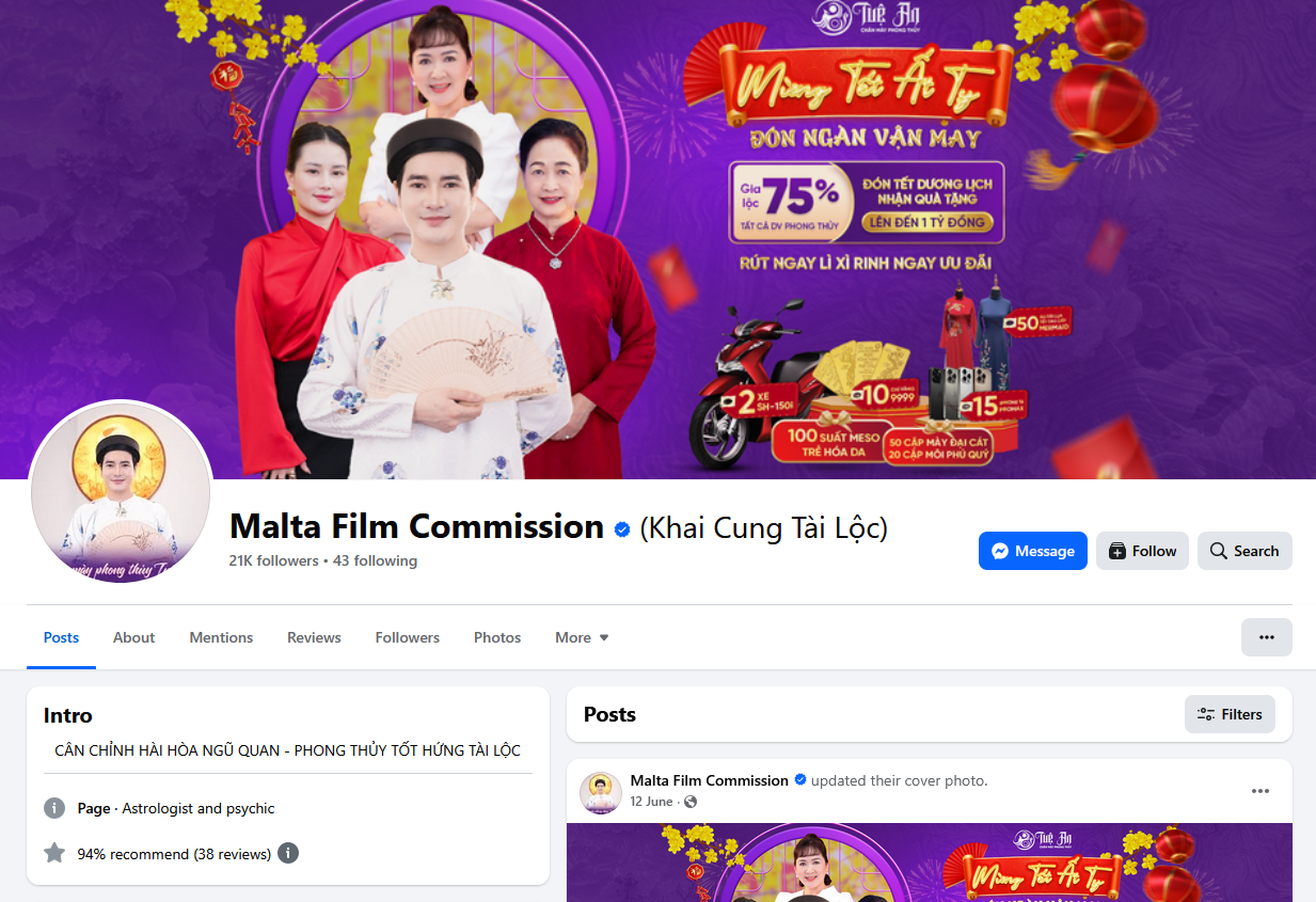 The Malta Film Commission Facebook page has reappeared advertising the services of a self-professed psychic. Screenshot: Facebook.