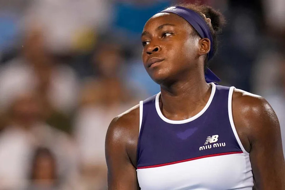 Coco Gauff reacts in the Cincinnati Open quarterfinal match between Coco Gauff and Jasmine Paolini at the Lindner Family Tennis Center in Mason, Ohio, on Friday, Aug. 15, 2025. Paolini won 2-6, 6-4, 6-3.