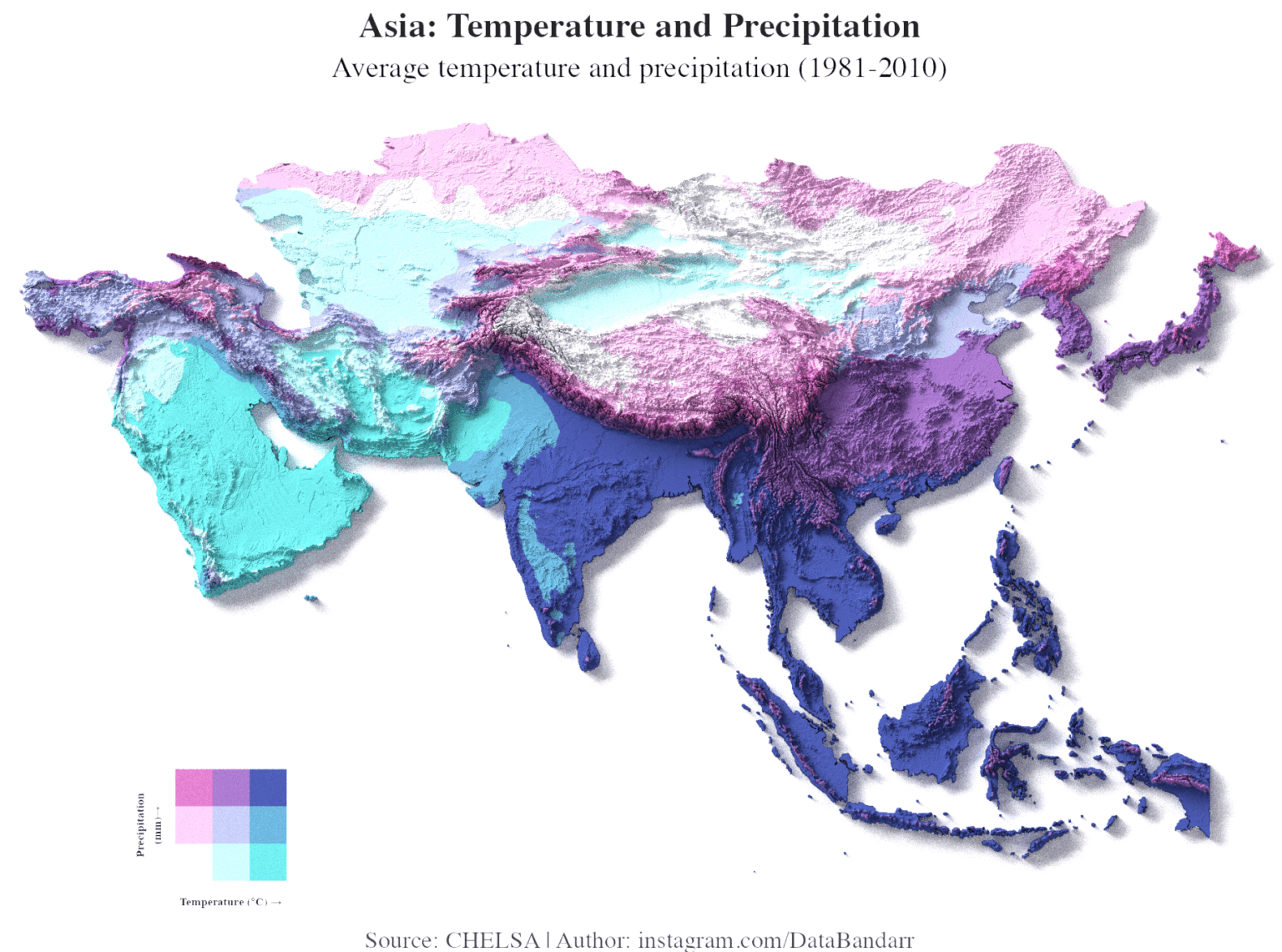 [OC] Temperature and Precipitation Across Asia (1981-2010)