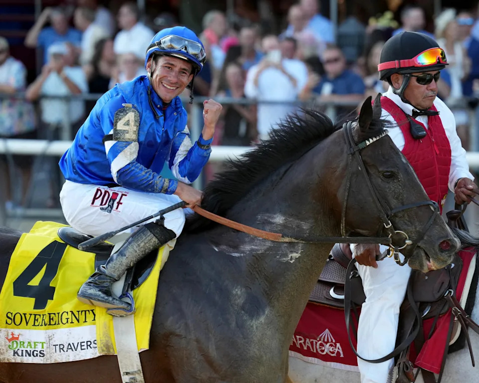 Junior Alvarado celebrates after winning the G1 Travers with SovereingtyJoe Labozzetta&sol;NYRA