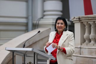 Salome Zourabichvili gives a speech outside of Orbeliani Palace, the president’s official residence in Tbilisi. December 29, 2024.