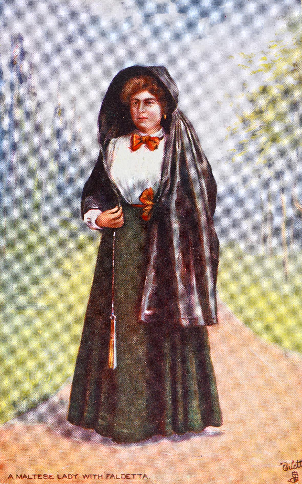Maltese lady with 'faldetta', painting by unknown artist in Raphael Tuck’s series of Malta postcards.