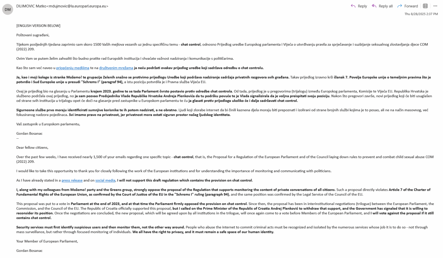 The answer of our EU MP at the Chat Control complaint