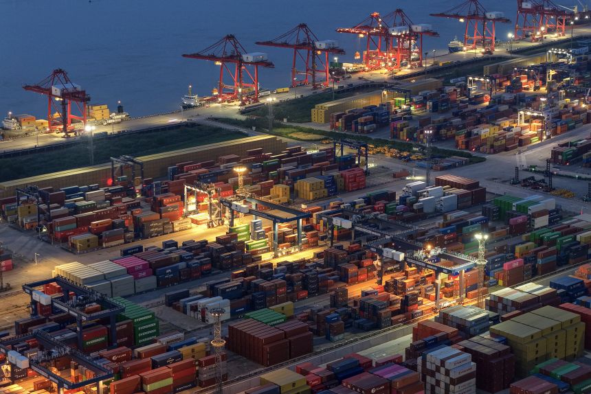 Shipping containers at a port in Nanjing in eastern China's Jiangsu province, seen on July 6, 2025.