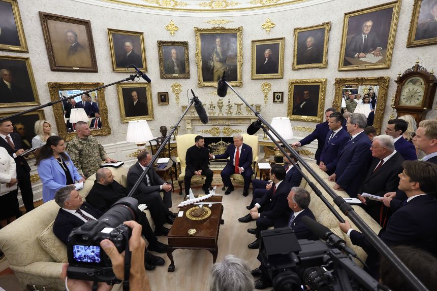 President Donald Trump meets with Ukrainian President Volodymyr Zelensky in the Oval Office at the White House on Monday in Washington, DC.
