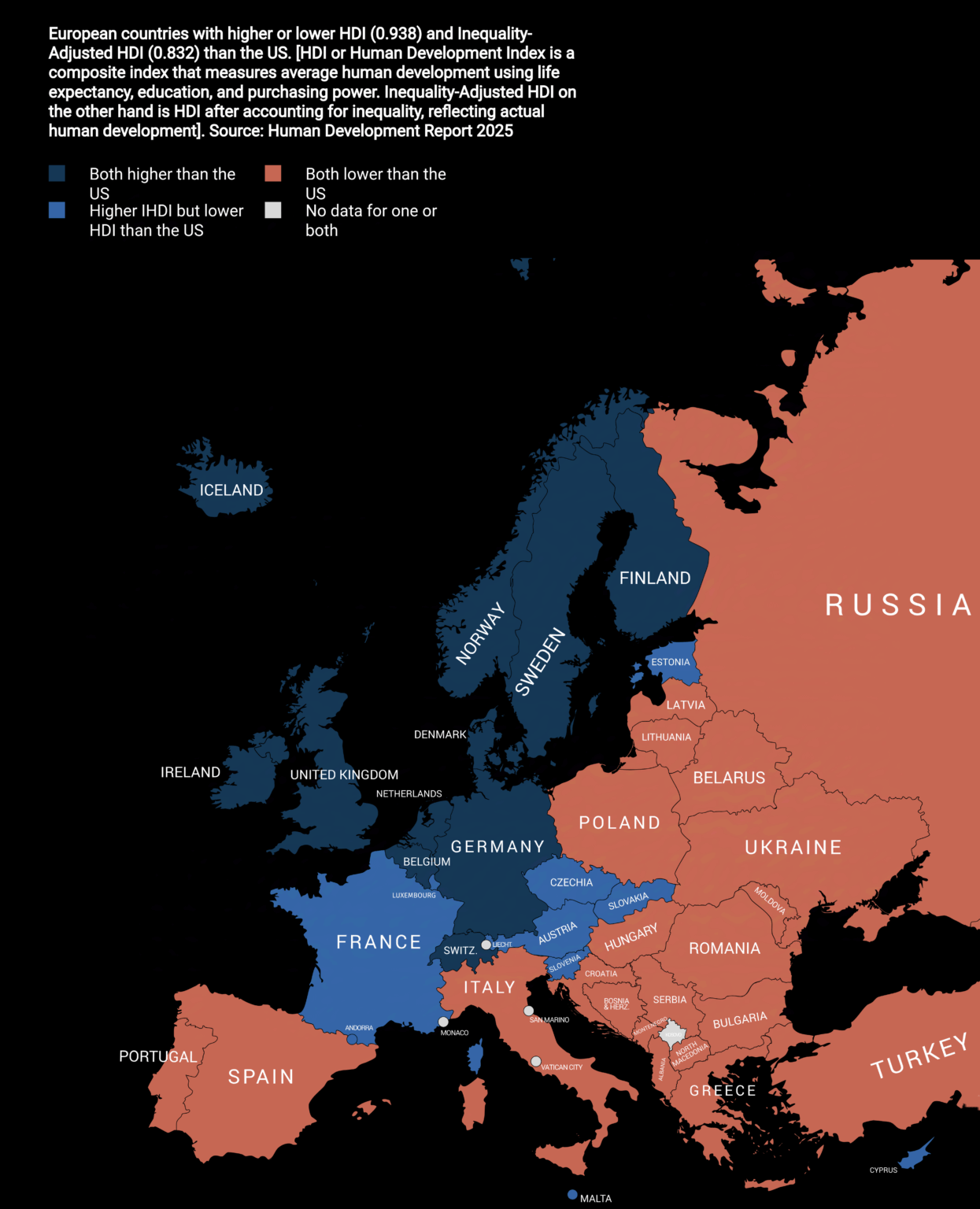 [OC] How European countries compare to the US in HDI vs Inequality-Adjusted HDI (2025)