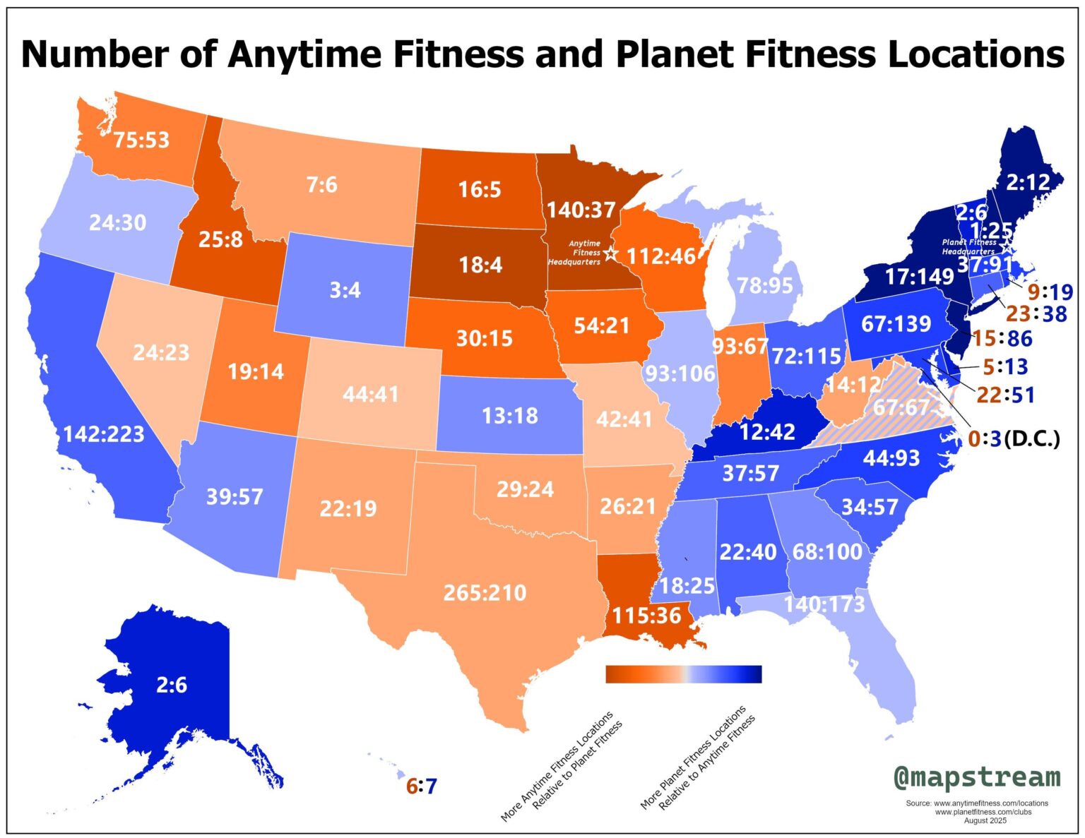 [OC] Comparing the Number of Anytime Fitness and Planet Fitness Locations