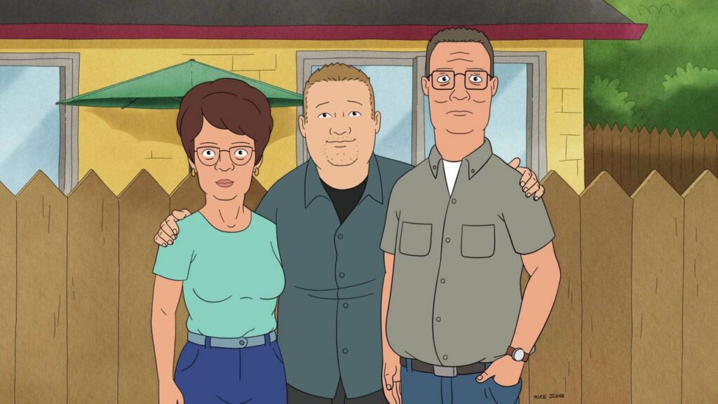 This image released by Hulu shows, characters, from left, Peggy Hill, voiced by Kathy Najimy, Bobby Hill, voiced by Pamela Adlon, and Hank Hill, voiced by Mike Judge, from the animated series "King of the Hill." (Hulu via AP)