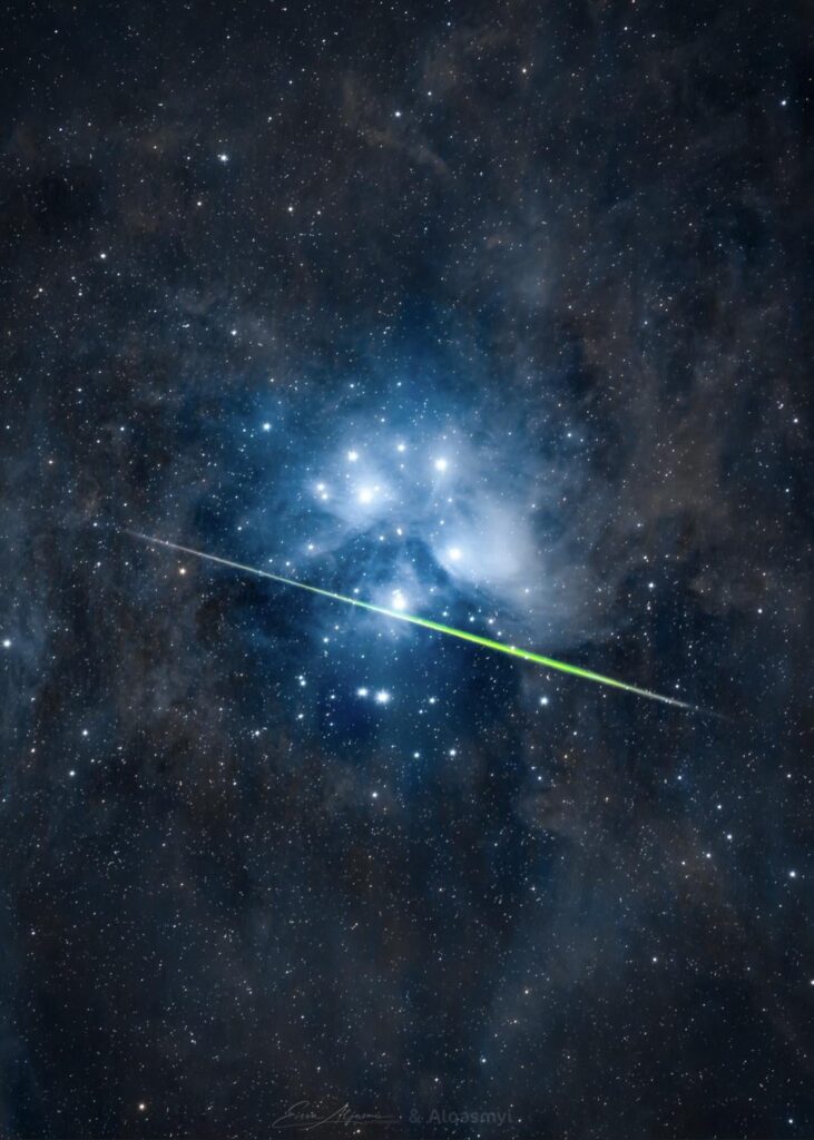 Once in a lifetime shot! Emerald Meteor Streaks across the Pleiades [OC]