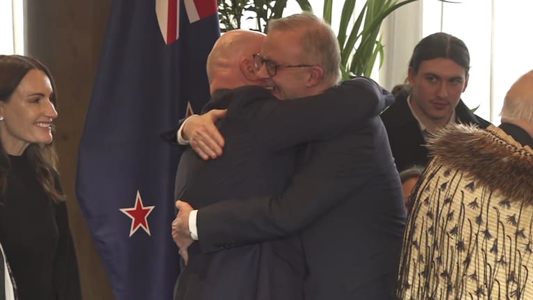New Zealand's Prime Minister Christopher Luxon welcoming Australia's Prime Minister Anthony Albanese at  the annual Australia New Zealand Leaders’ Meeting in Queenstown.