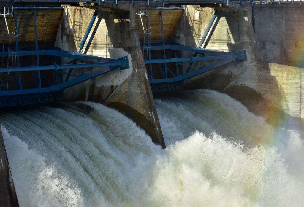 Very large water flow from the dam through Tinfos power station in Notodden. July in Norway 2020.