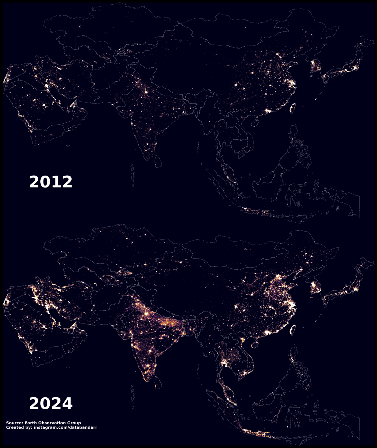 [OC] Night-time light in Asia, 2012 vs 2024 comparison