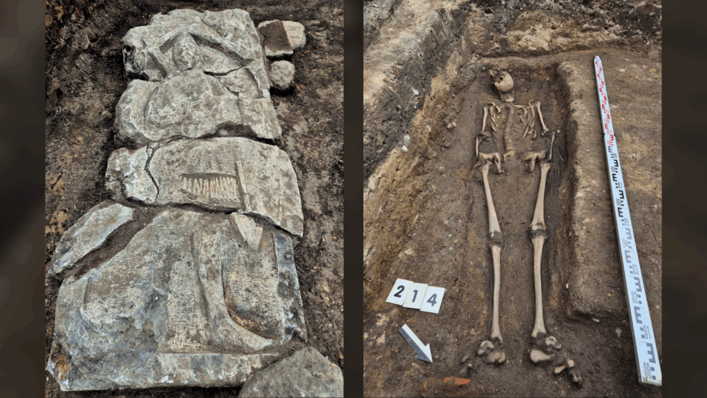 Medieval knight ‘Lancelot’ and his stunning stone tomb found under ice cream shop in Poland tombstone on the left and a human skeleton on the right
