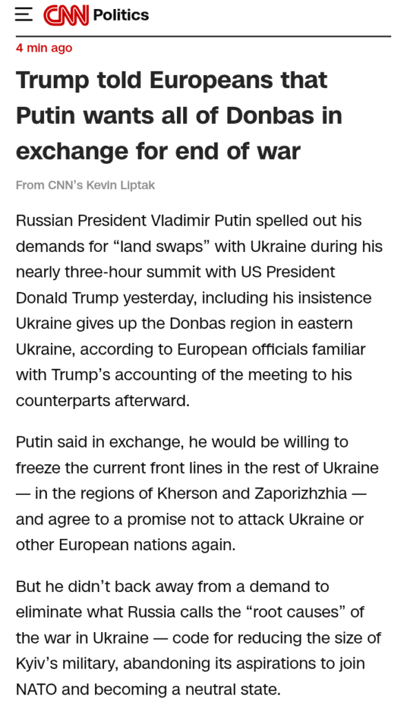 Breaking: Trump told Europeans that Putin wants all of Donbas in exchange for end of war