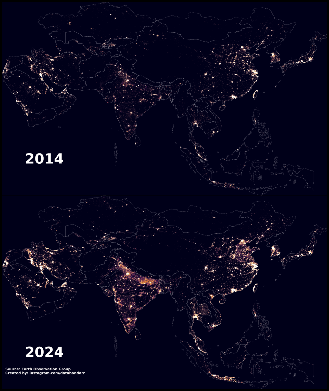 [OC] Night-time Light in Asia, 2014 vs 2024 Comparison (Updated)