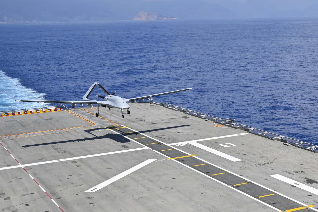 Bayraktar TB3 unmanned aerial vehicle (UAV) takes off and lands from a short-runway ship in the Eastern Mediterranean on May 14, 2025. (AA Photo)