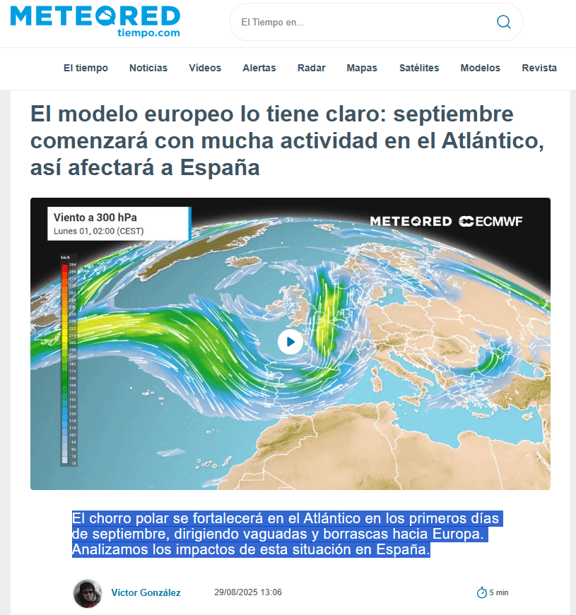 The polar jet will be strengthened in the Atlantic in the first days of September, directing vaguadas and storms towards Europe