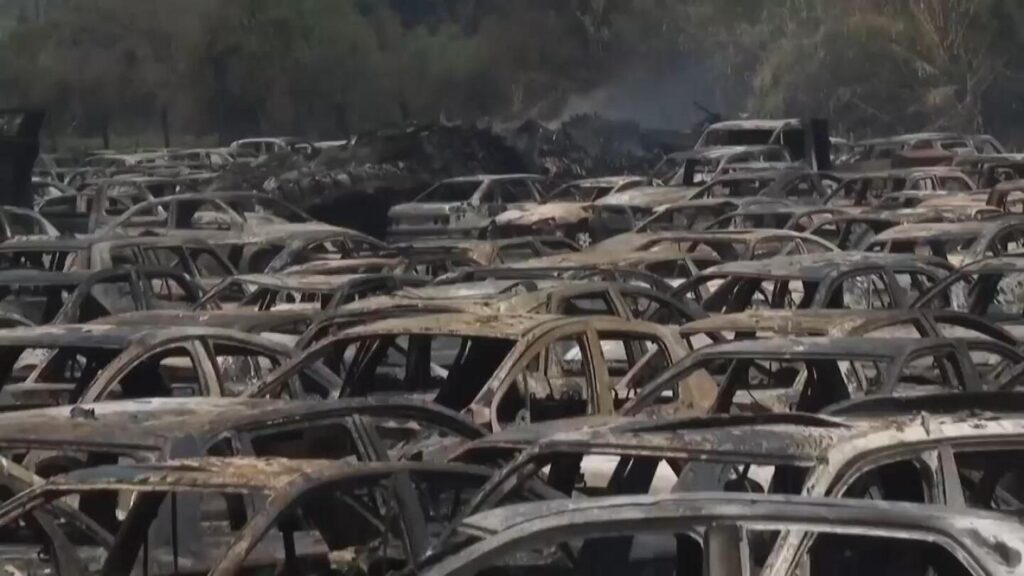 Hundreds of vehicles are torched as flames sweep through parts of Greece