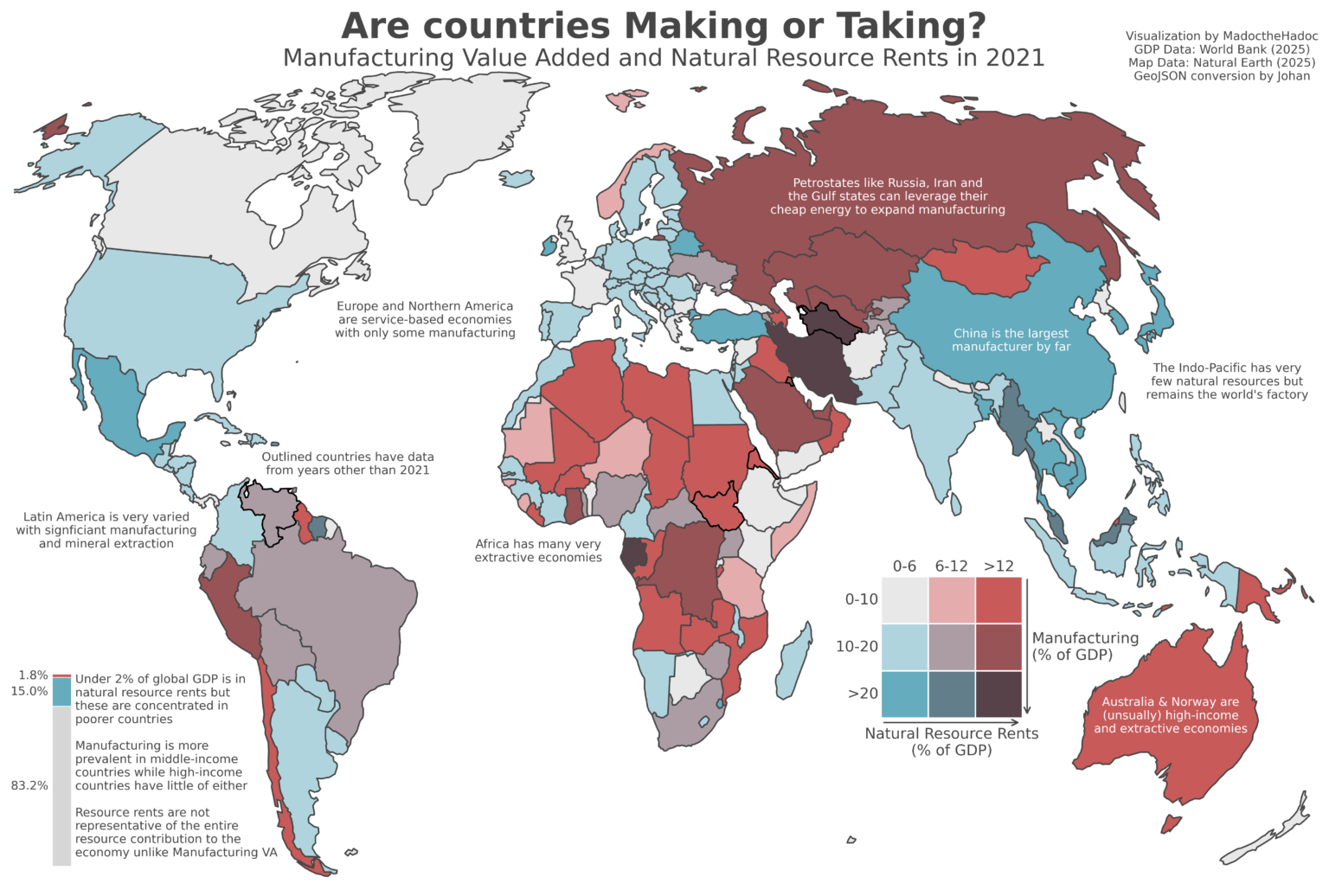 [OC] Making or Taking: Mapping Manufacturing & Resource Extraction