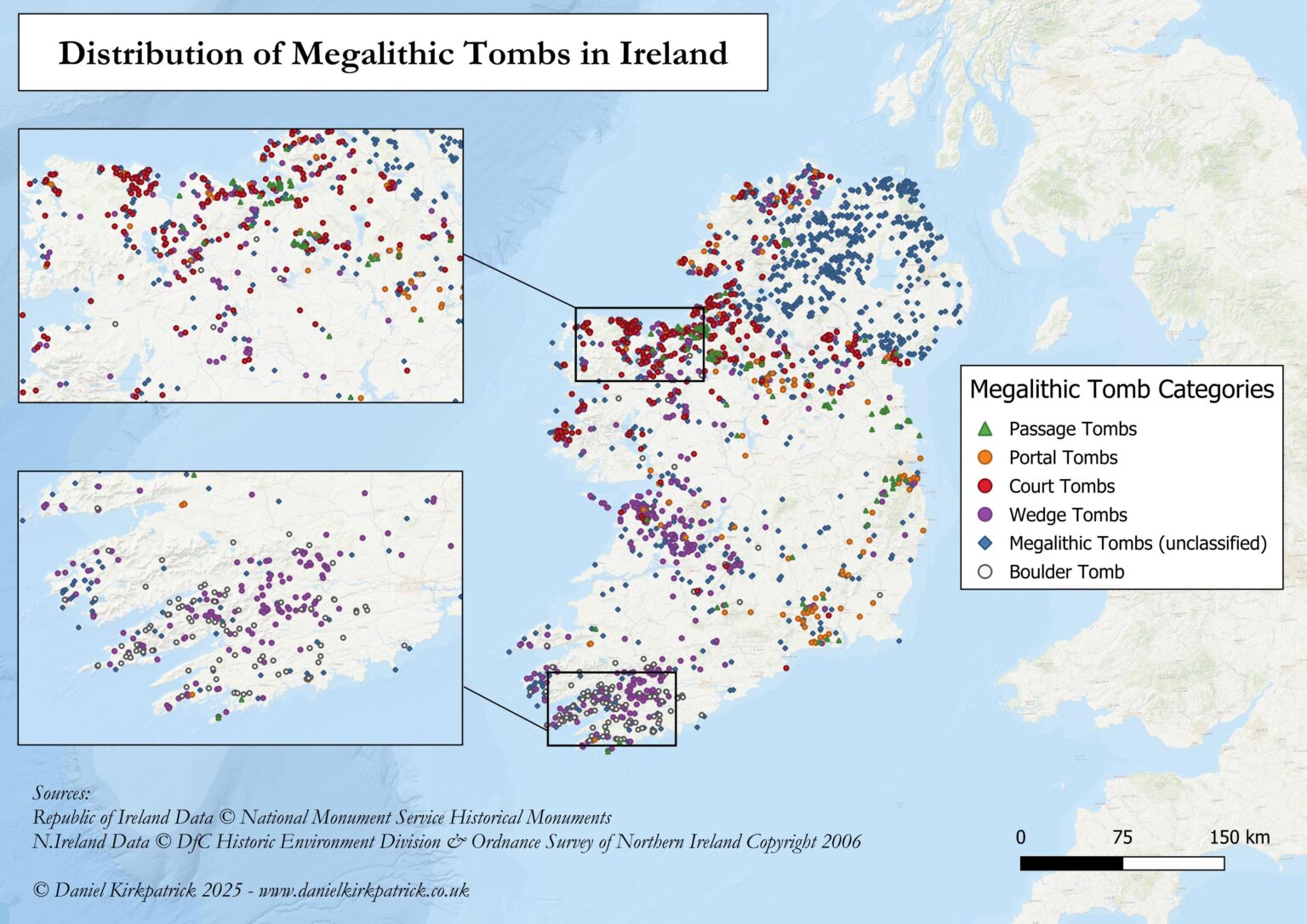 [OC] Distribution of Megalithic Sites in Ireland