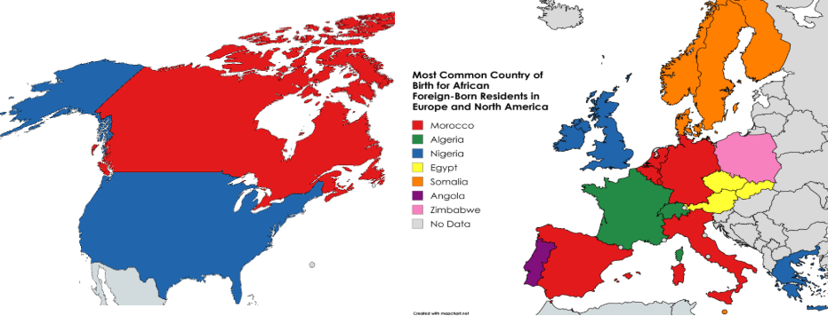 Most Common Country of Birth for Africans in the US, Canada, and Europe [OC]